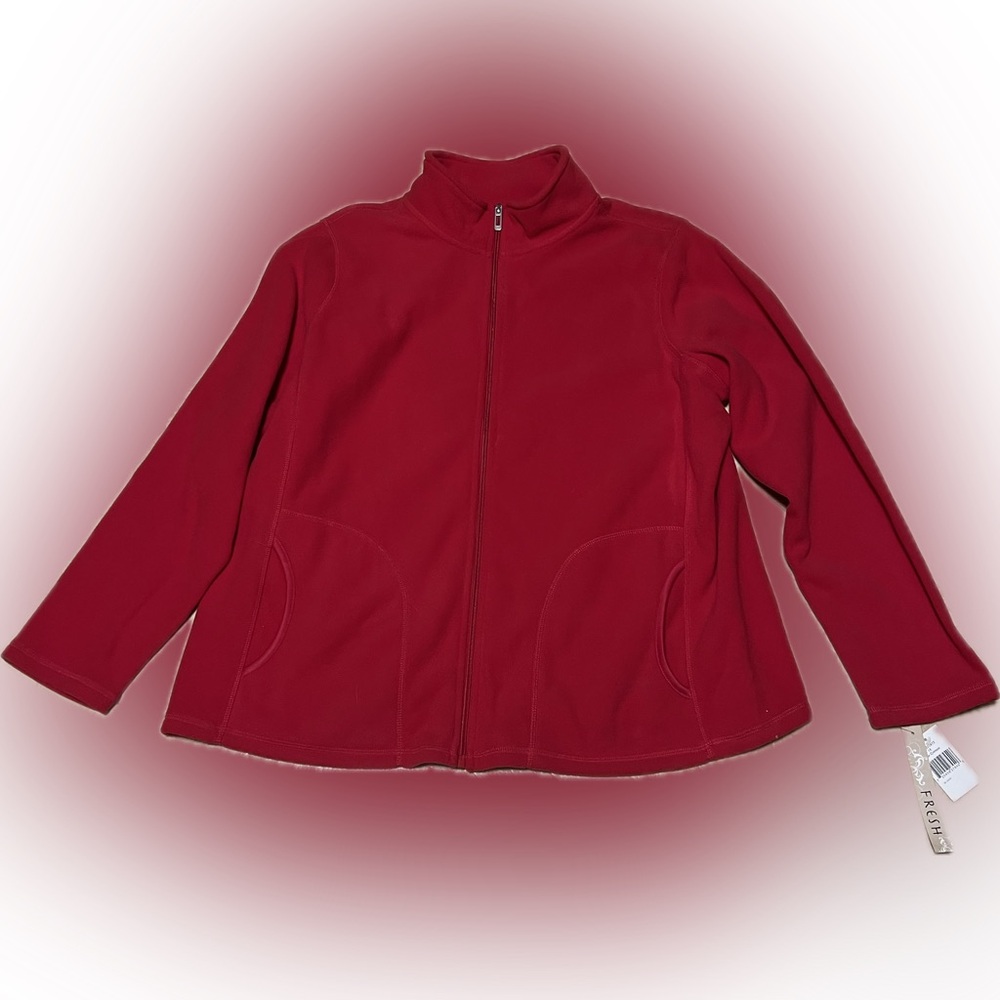🎈New Fresh Women’s Vibrant Red Long Sleeve Fleece Jacket Front Zipper Pockets 1X